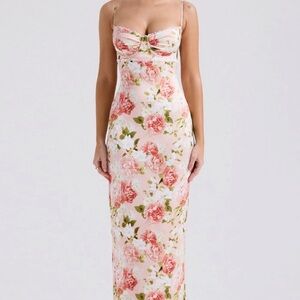 HOUSE OF CB 'Josefina' Pink Peony Print Satin Maxi Dress Size XS Reg Cup